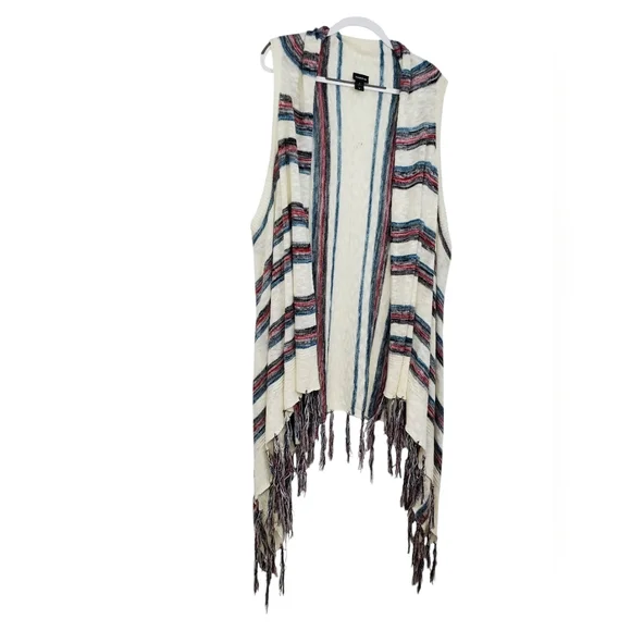 Torrid Striped Knit Fringed Vest Waterfall Front Cream Red Blue Sz 4 Pre-Owned - Picture 2 of 12